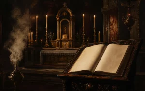 Pintura barroca de interior de igreja católica com altar, velas, missal aberto e incenso