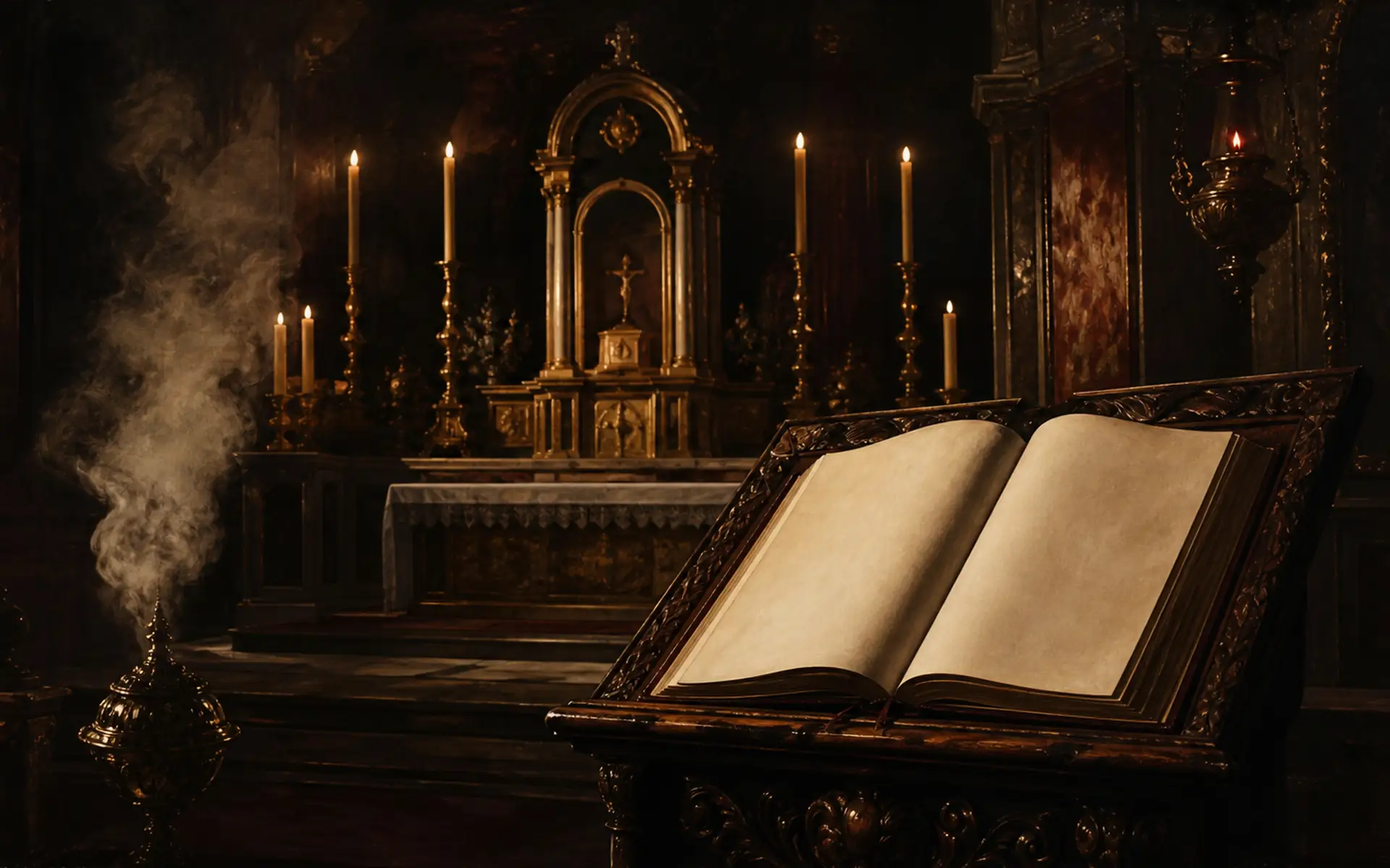 Pintura barroca de interior de igreja católica com altar, velas, missal aberto e incenso
